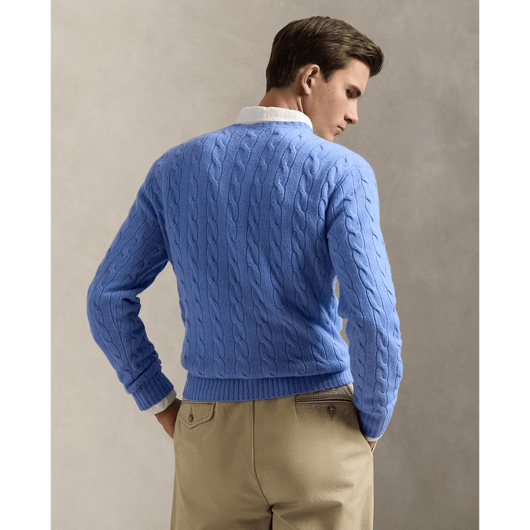 POLO RALPH LAUREN - Pull à torsades en laine et cachemire Bleu Litchfield nouveau - Lothaire