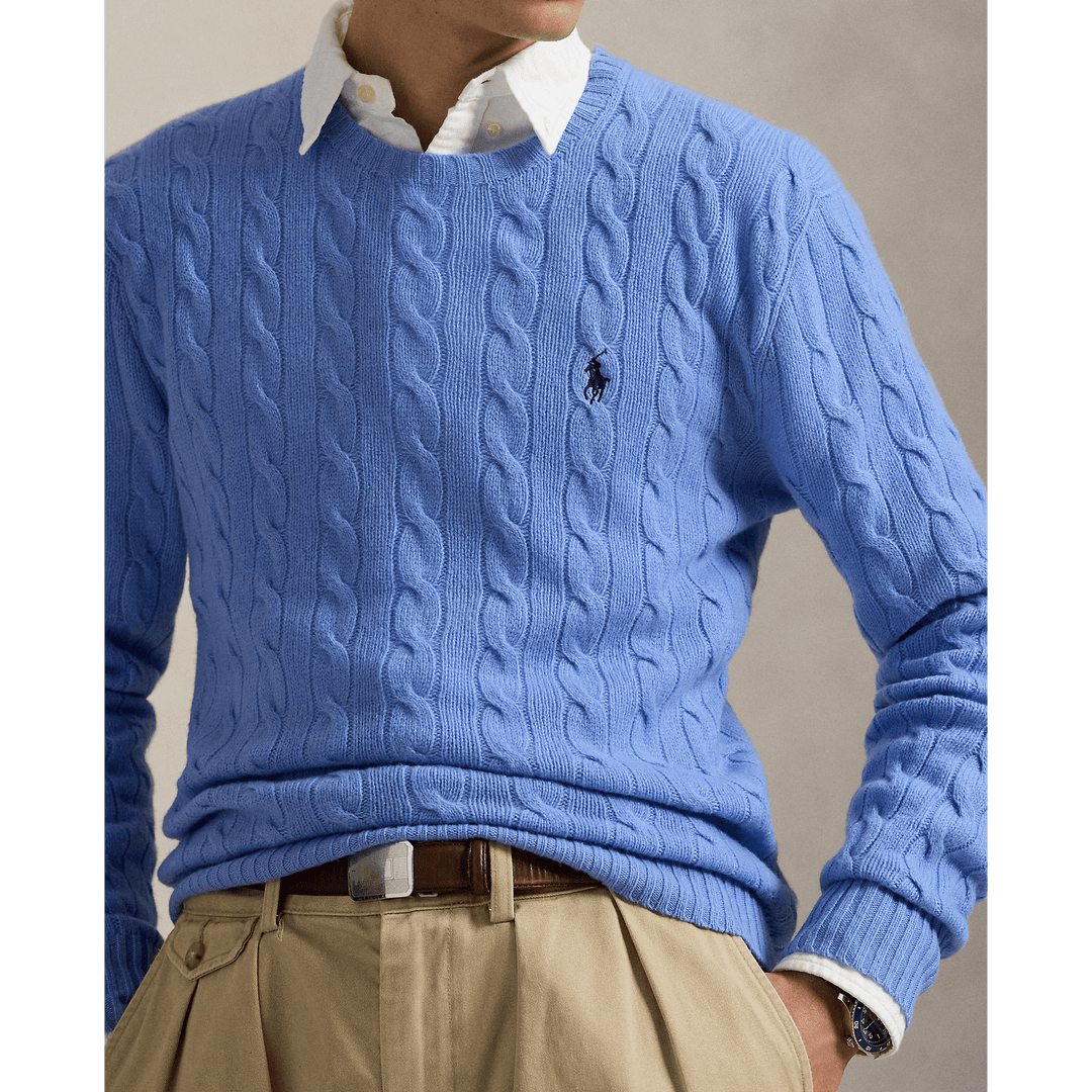 POLO RALPH LAUREN - Pull à torsades en laine et cachemire Bleu Litchfield nouveau - Lothaire