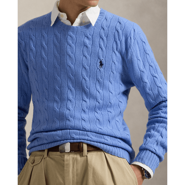 POLO RALPH LAUREN - Pull à torsades en laine et cachemire Bleu Litchfield nouveau - Lothaire