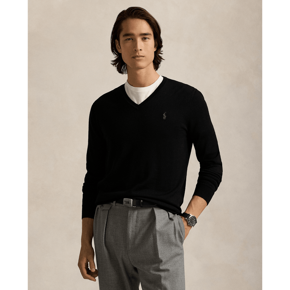 POLO RALPH LAUREN - Pull col en V en laine lavable Slim Fit polo black - Lothaire