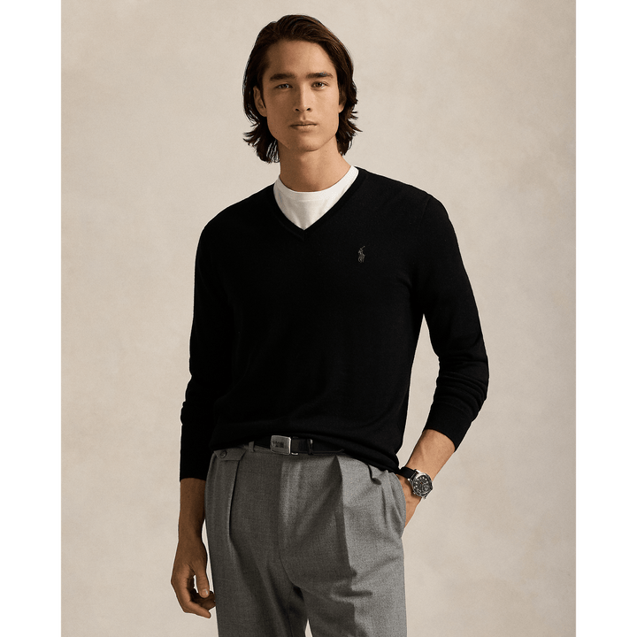 POLO RALPH LAUREN - Pull col en V en laine lavable Slim Fit polo black - Lothaire