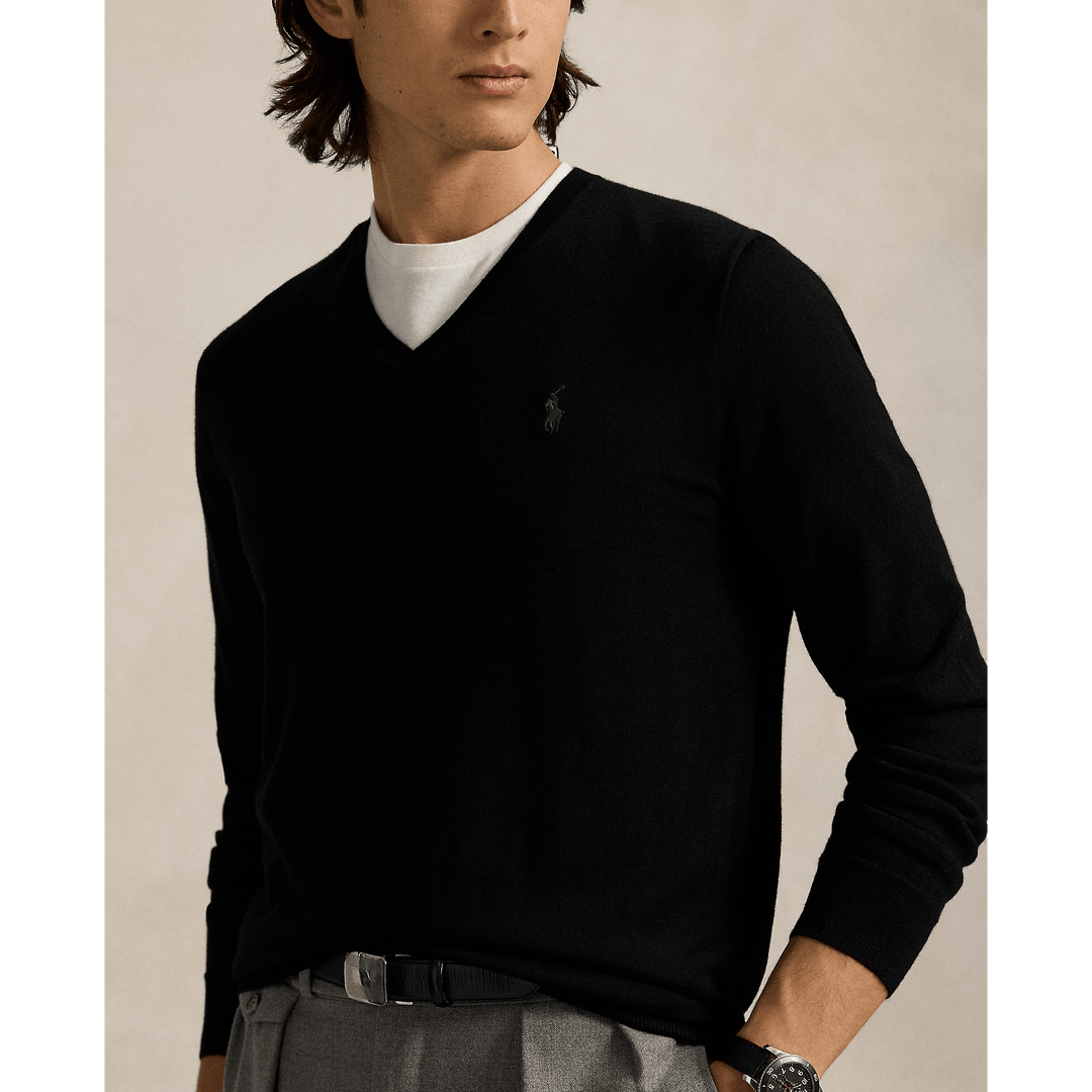 POLO RALPH LAUREN - Pull col en V en laine lavable Slim Fit polo black - Lothaire