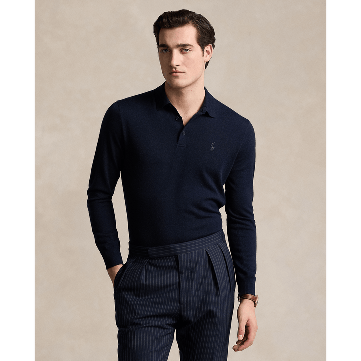 POLO RALPH LAUREN - Pull col polo en laine marine chasseur - Lothaire