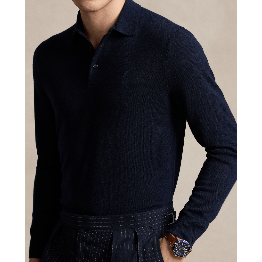 POLO RALPH LAUREN - Pull col polo en laine marine chasseur - Lothaire