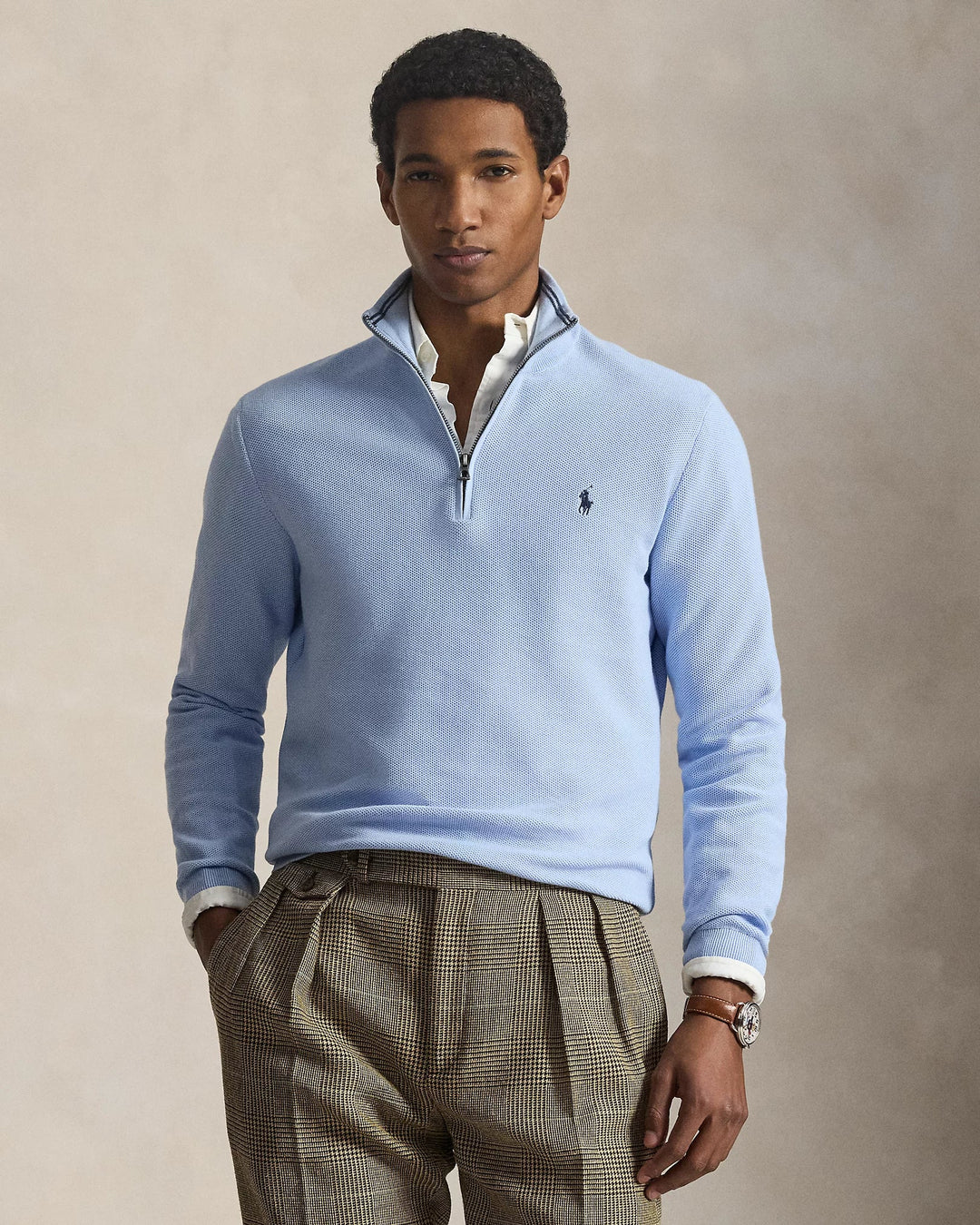 POLO RALPH LAUREN - Pull demi - zippé en coton piqué Bleu clair - Lothaire