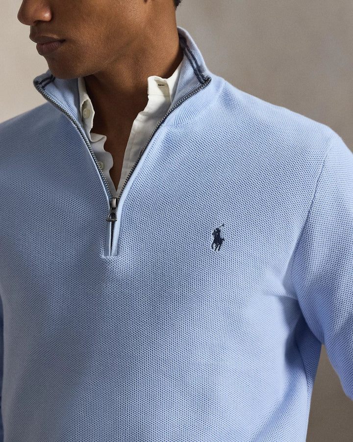POLO RALPH LAUREN - Pull demi - zippé en coton piqué Bleu clair - Lothaire