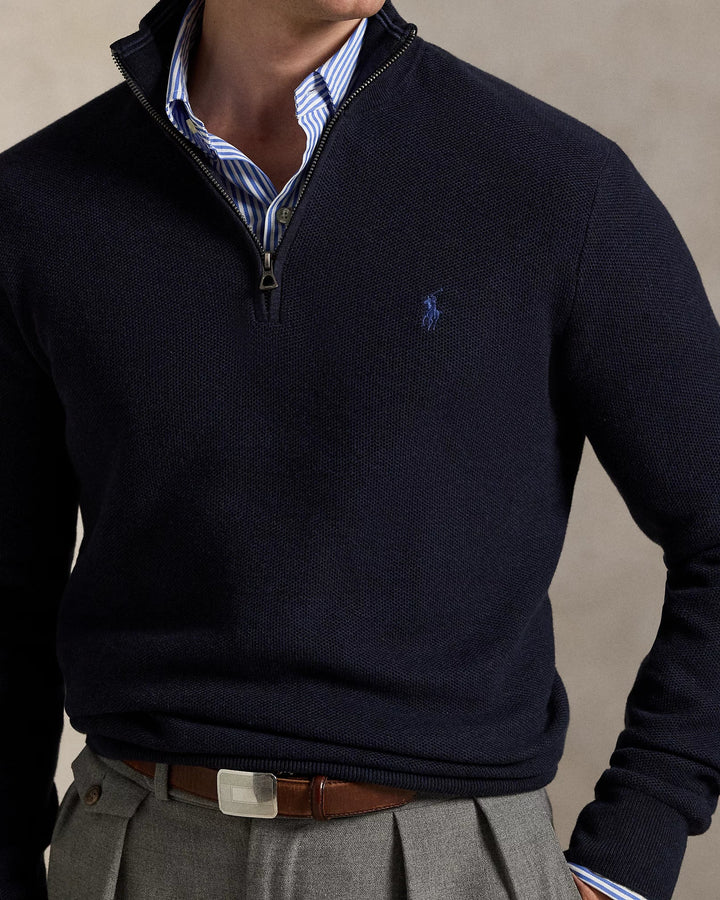 POLO RALPH LAUREN - Pull demi - zippé en coton piqué Bleu marine chiné - Lothaire