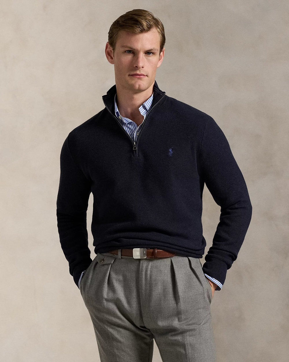 POLO RALPH LAUREN - Pull demi - zippé en coton piqué Bleu marine chiné - Lothaire