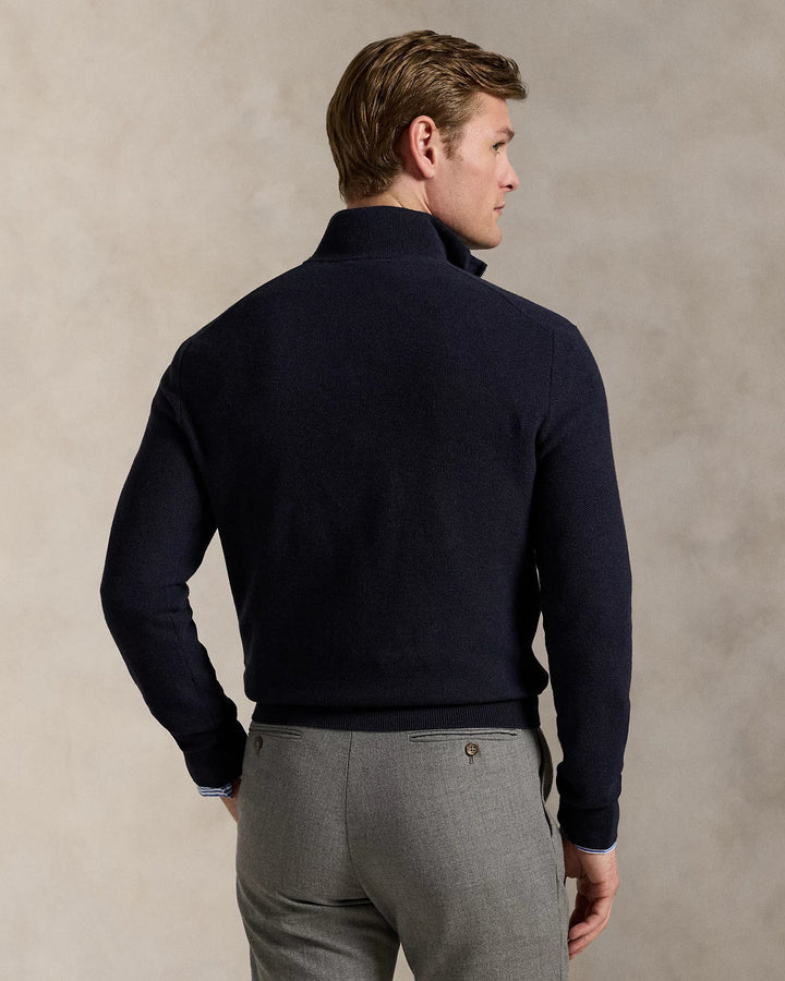 POLO RALPH LAUREN - Pull demi - zippé en coton piqué Bleu marine chiné - Lothaire