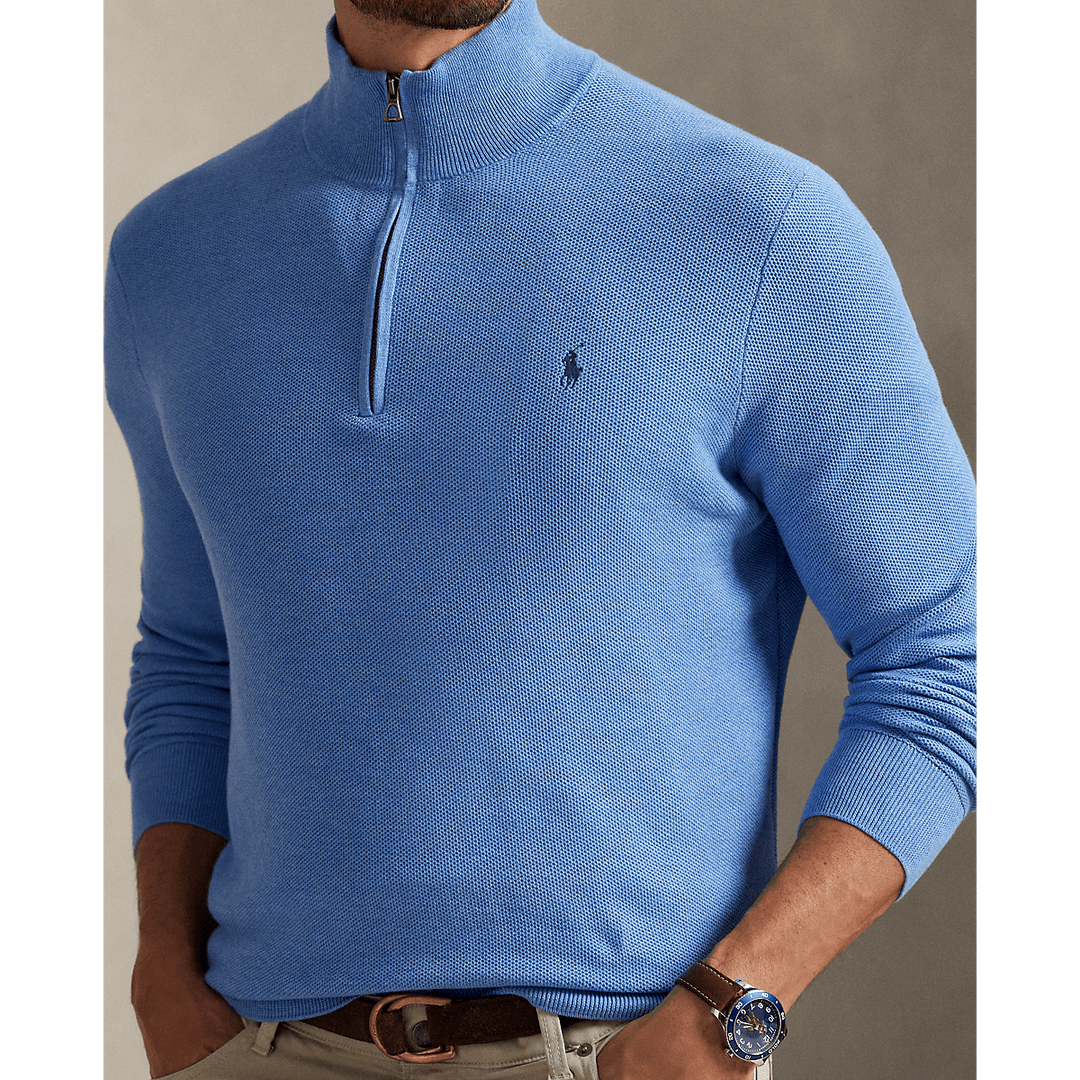 POLO RALPH LAUREN - Pull demi - zippé en coton piqué Bleu royal tendre chiné - Lothaire