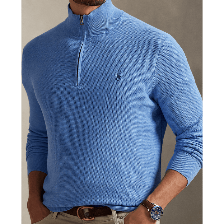 POLO RALPH LAUREN - Pull demi - zippé en coton piqué Bleu royal tendre chiné - Lothaire
