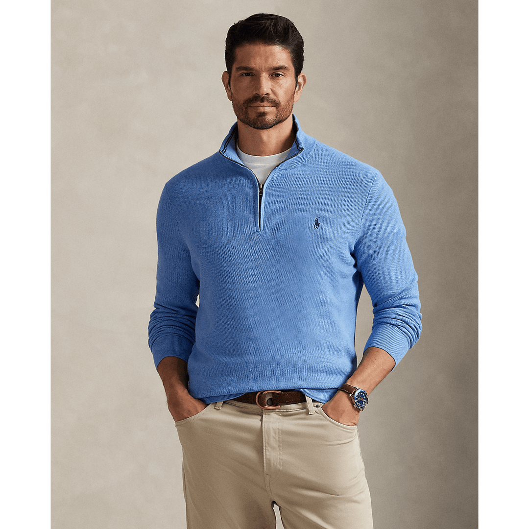 POLO RALPH LAUREN - Pull demi - zippé en coton piqué Bleu royal tendre chiné - Lothaire