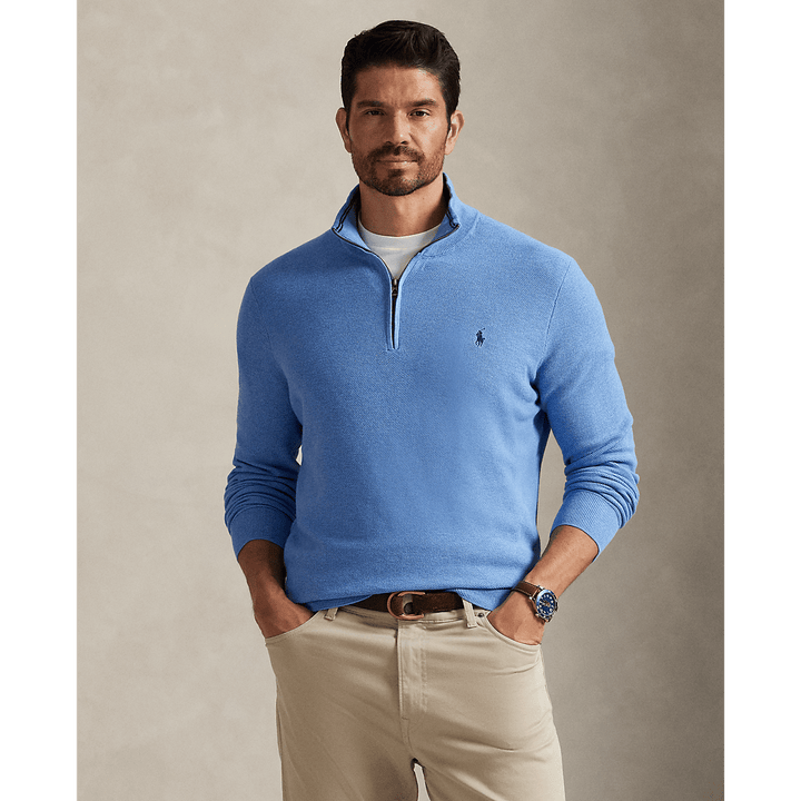 POLO RALPH LAUREN - Pull demi - zippé en coton piqué Bleu royal tendre chiné - Lothaire