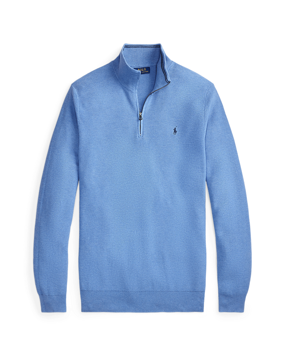 POLO RALPH LAUREN - Pull demi - zippé en coton piqué Bleu royal tendre chiné - Lothaire