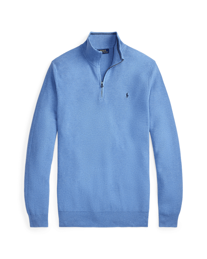 POLO RALPH LAUREN - Pull demi - zippé en coton piqué Bleu royal tendre chiné - Lothaire