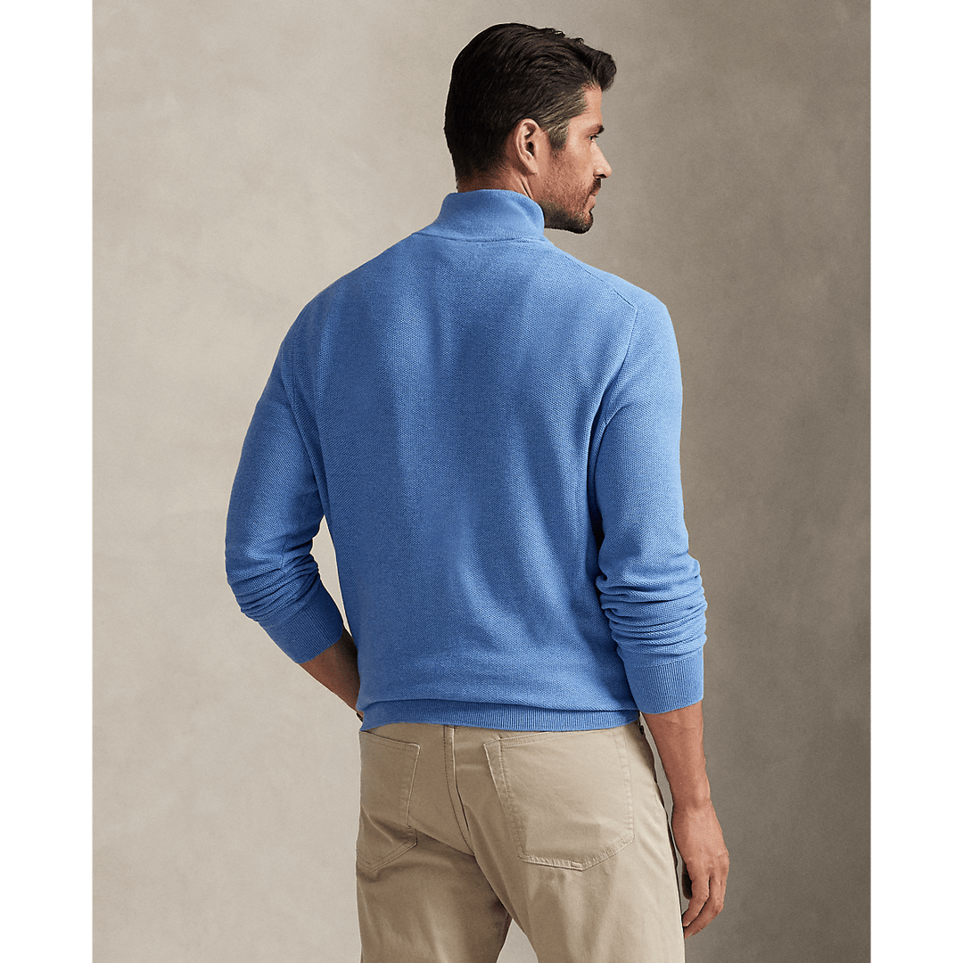 POLO RALPH LAUREN - Pull demi - zippé en coton piqué Bleu royal tendre chiné - Lothaire
