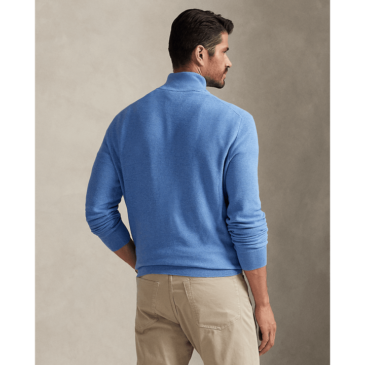 POLO RALPH LAUREN - Pull demi - zippé en coton piqué Bleu royal tendre chiné - Lothaire