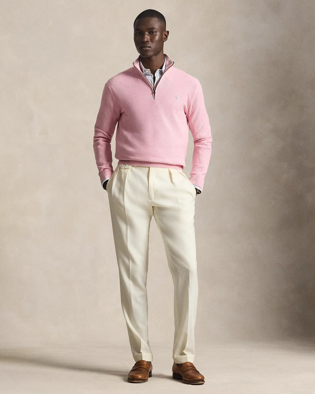 POLO RALPH LAUREN - Pull demi - zippé en coton piqué Rose clair - Lothaire