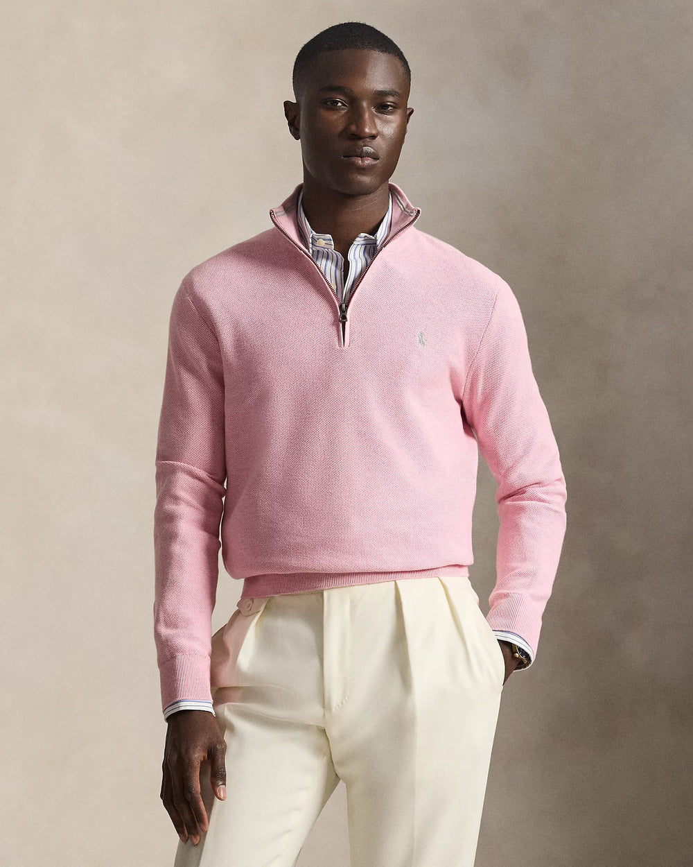 POLO RALPH LAUREN - Pull demi - zippé en coton piqué Rose clair - Lothaire