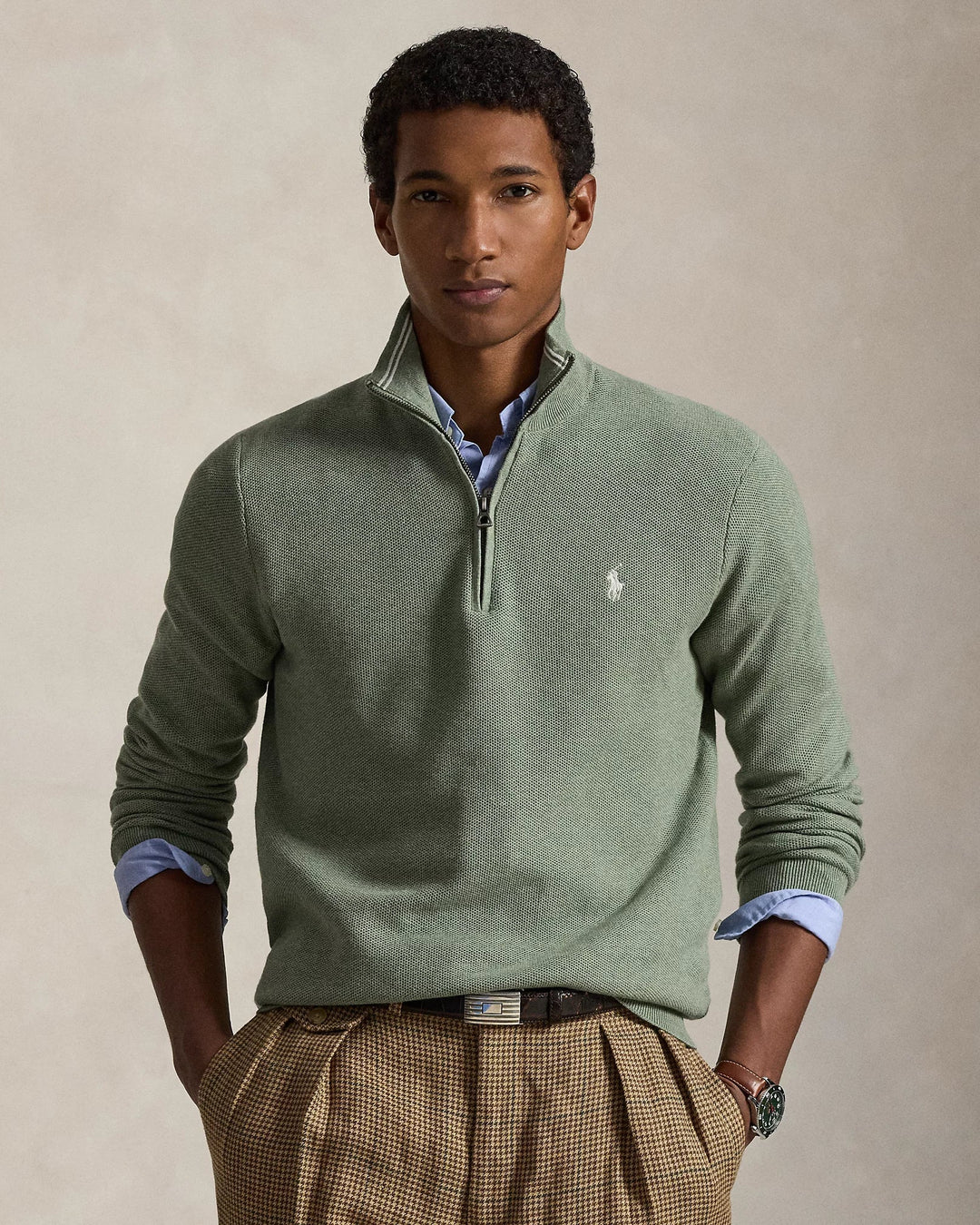 POLO RALPH LAUREN - Pull demi - zippé en coton piqué Vert sauge - Lothaire