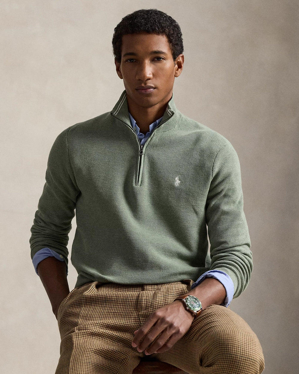 POLO RALPH LAUREN - Pull demi - zippé en coton piqué Vert sauge - Lothaire