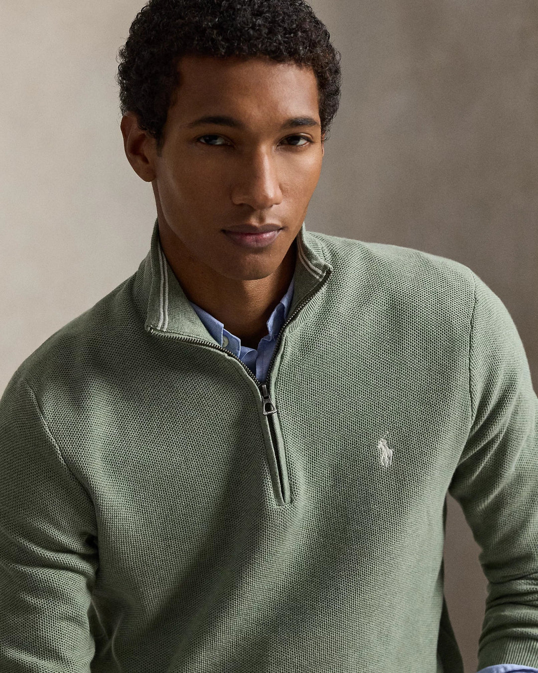 POLO RALPH LAUREN - Pull demi - zippé en coton piqué Vert sauge - Lothaire