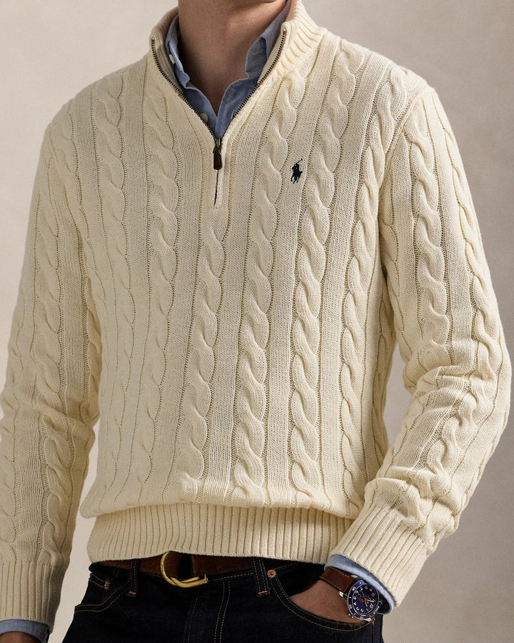POLO RALPH LAUREN - Pull demi - zippé en coton torsadé Beige chiné - Lothaire