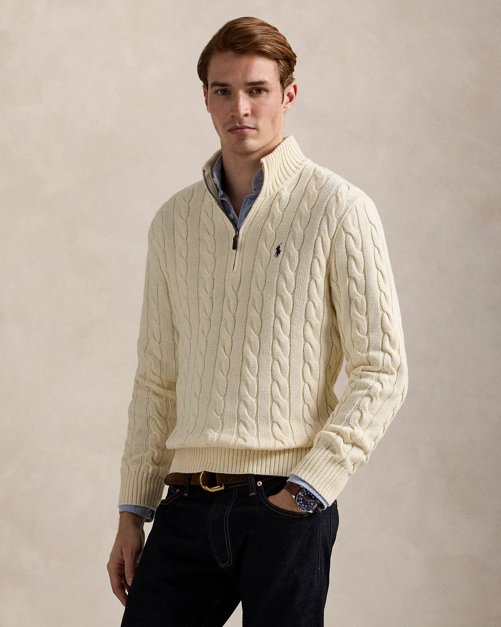 POLO RALPH LAUREN - Pull demi - zippé en coton torsadé Beige chiné - Lothaire