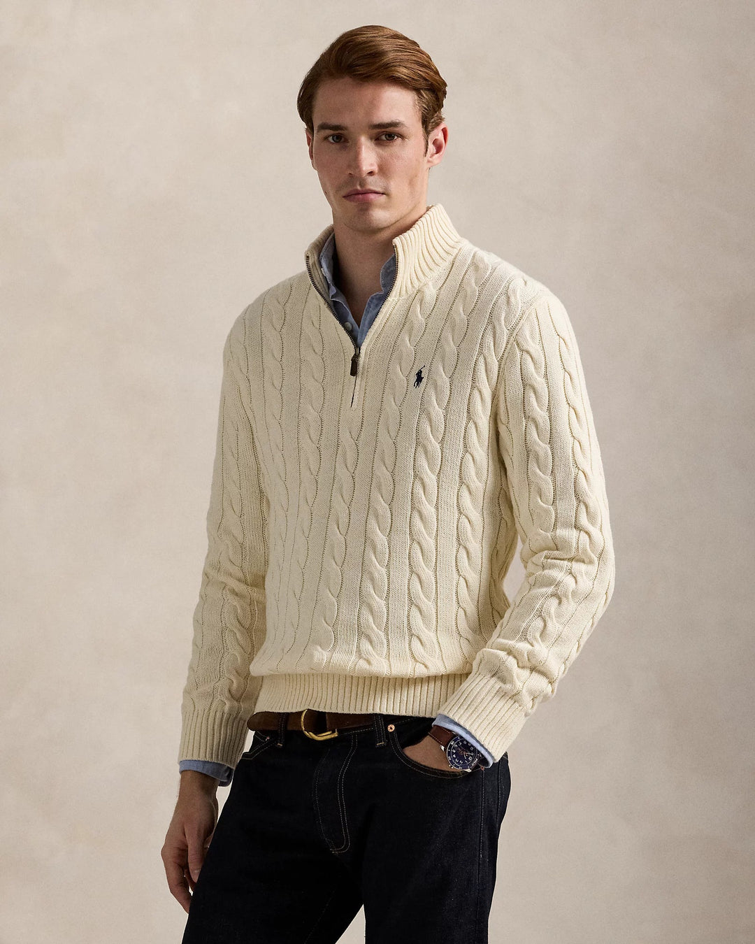 POLO RALPH LAUREN - Pull demi - zippé en coton torsadé Beige chiné - Lothaire