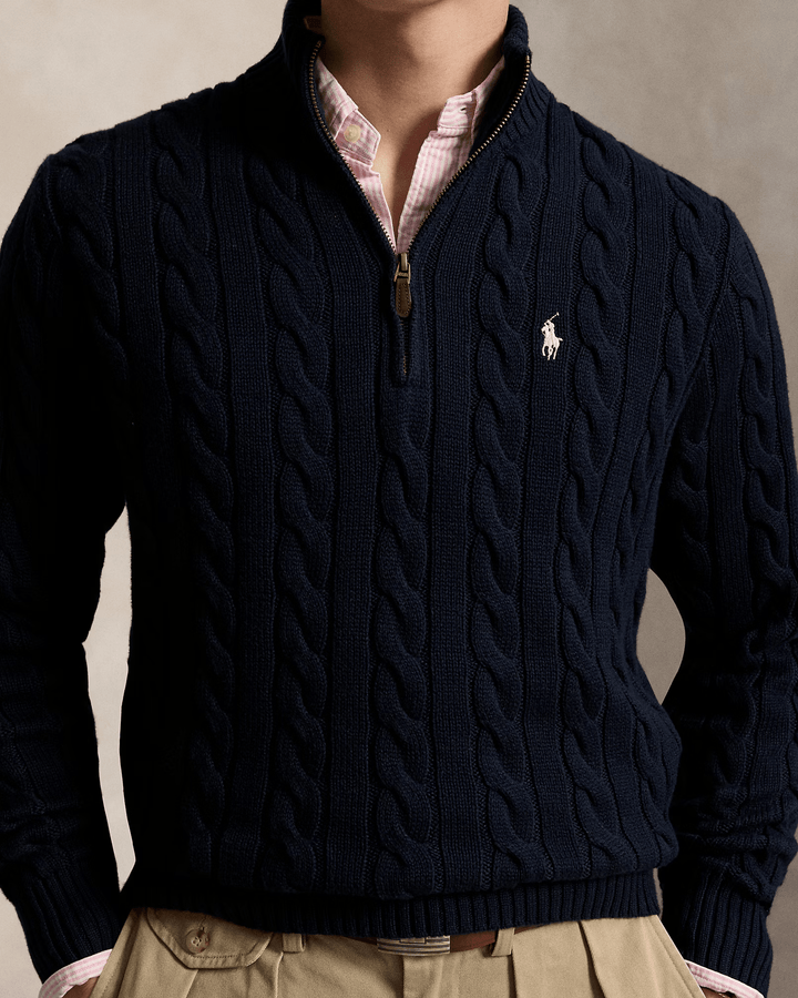 POLO RALPH LAUREN - Pull demi-zippé en coton torsadé Bleu marine - Lothaire