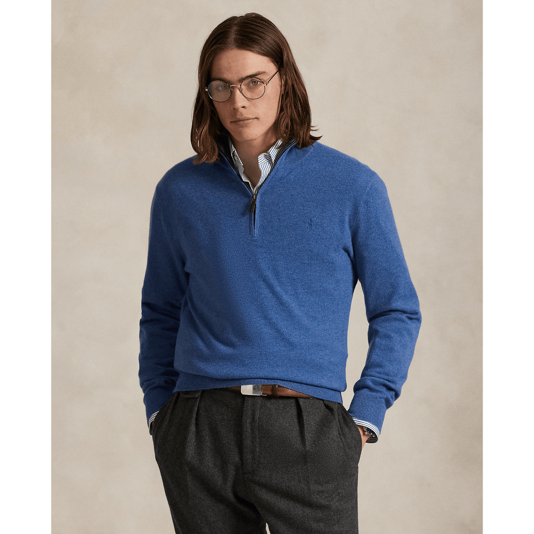 POLO RALPH LAUREN - Pull demi - zippé en laine Bleu piscine naturelle - Lothaire