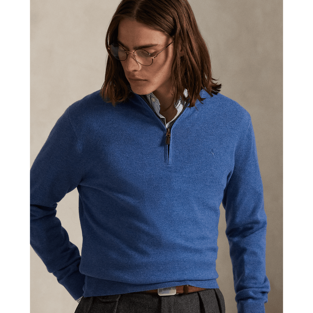 POLO RALPH LAUREN - Pull demi - zippé en laine Bleu piscine naturelle - Lothaire