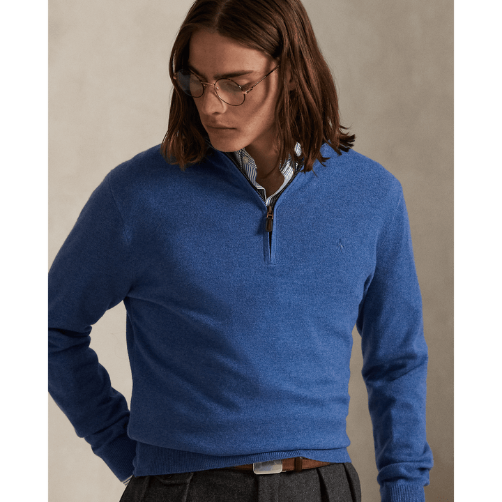 POLO RALPH LAUREN - Pull demi - zippé en laine Bleu piscine naturelle - Lothaire