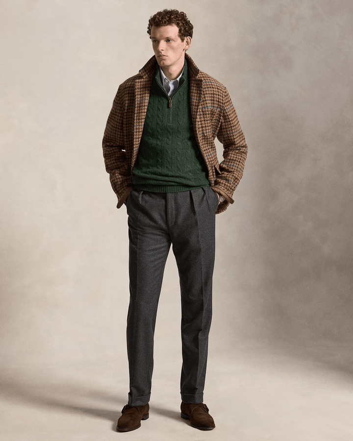 POLO RALPH LAUREN - Pull demi-zippé torsadé en laine et cachemire Vert sapin chiné - Lothaire