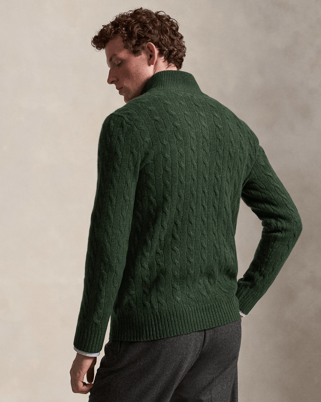 POLO RALPH LAUREN - Pull demi-zippé torsadé en laine et cachemire Vert sapin chiné - Lothaire