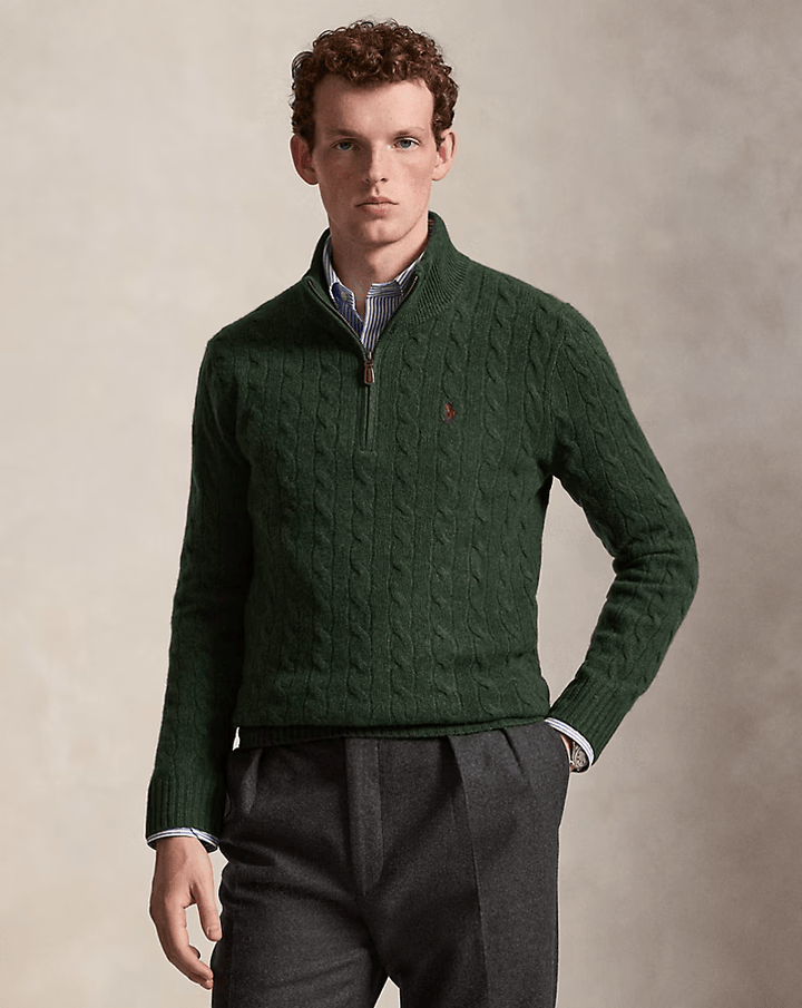 POLO RALPH LAUREN - Pull demi-zippé torsadé en laine et cachemire Vert sapin chiné - Lothaire
