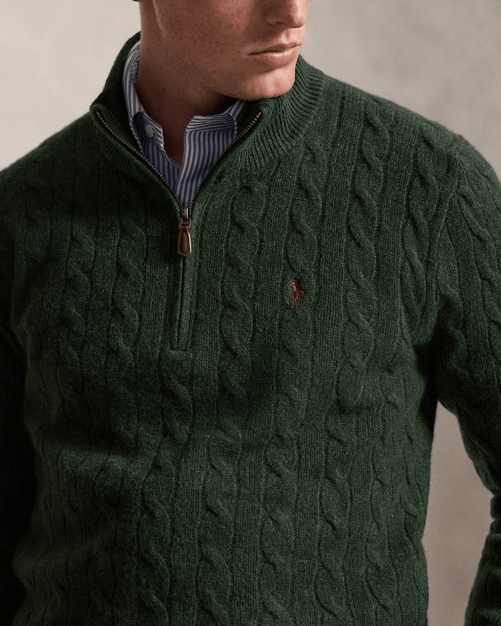 POLO RALPH LAUREN - Pull demi-zippé torsadé en laine et cachemire Vert sapin chiné - Lothaire