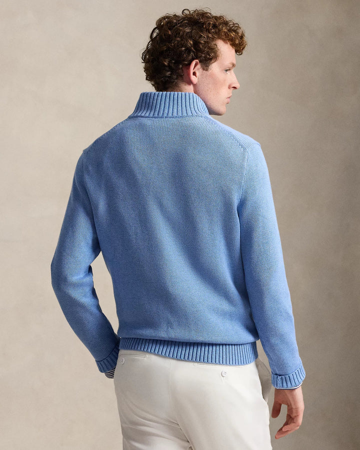 POLO RALPH LAUREN - Pull en coton demi - zippé à col cheminée Bleu Royal Chiné - Lothaire