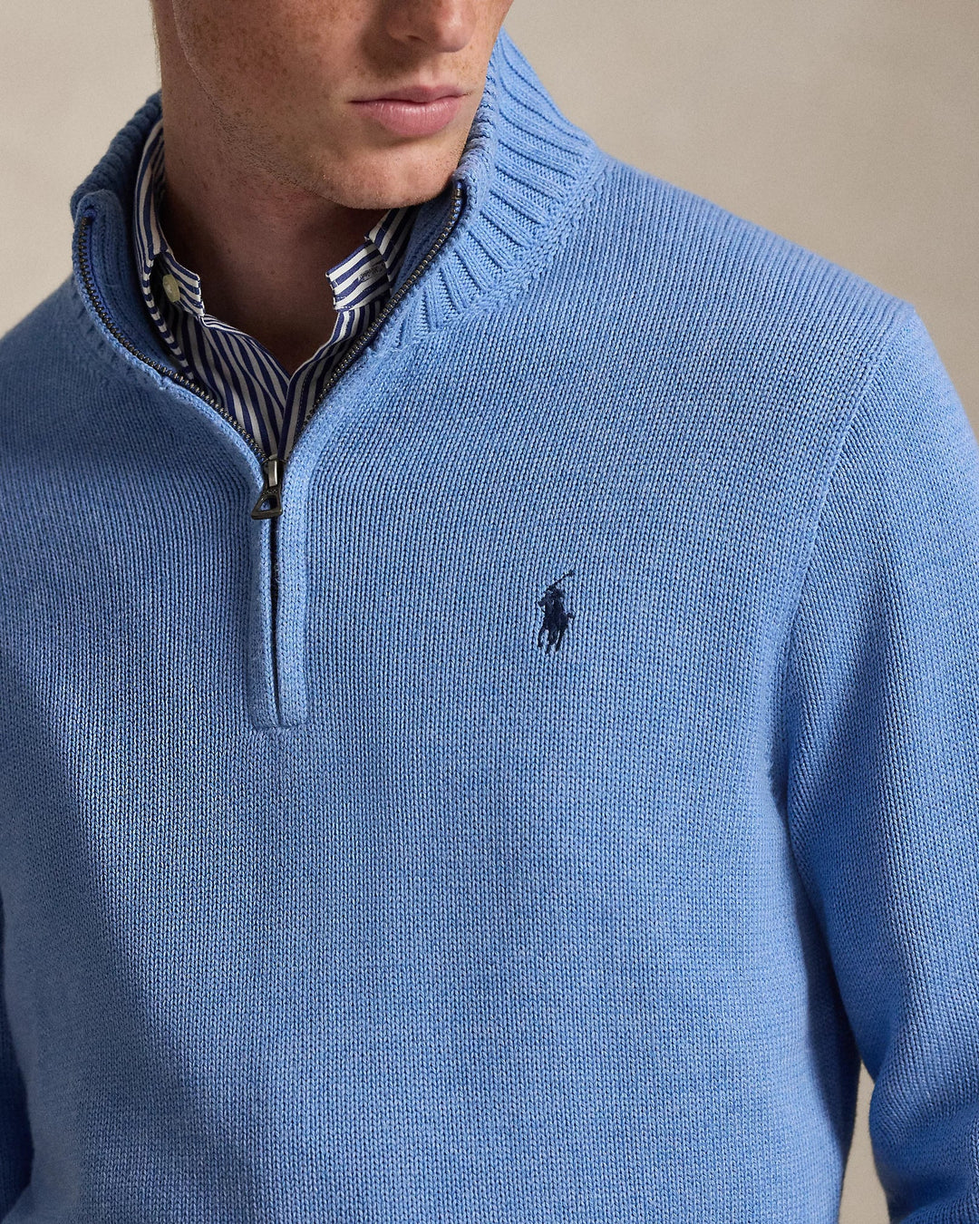 POLO RALPH LAUREN - Pull en coton demi - zippé à col cheminée Bleu Royal Chiné - Lothaire