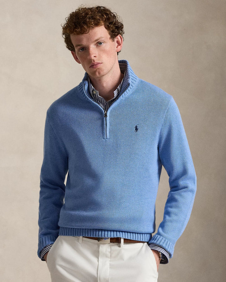 POLO RALPH LAUREN - Pull en coton demi - zippé à col cheminée Bleu Royal Chiné - Lothaire