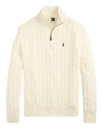 POLO RALPH LAUREN - Pull torsadé col camionneur zippé en coton Crème - Lothaire