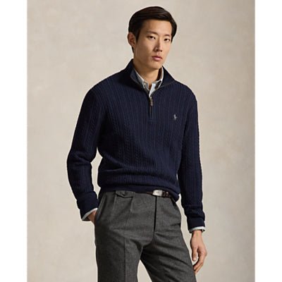 POLO RALPH LAUREN - Pull Torsadé en Coton à Col Cheminée Bleu Marine - Lothaire