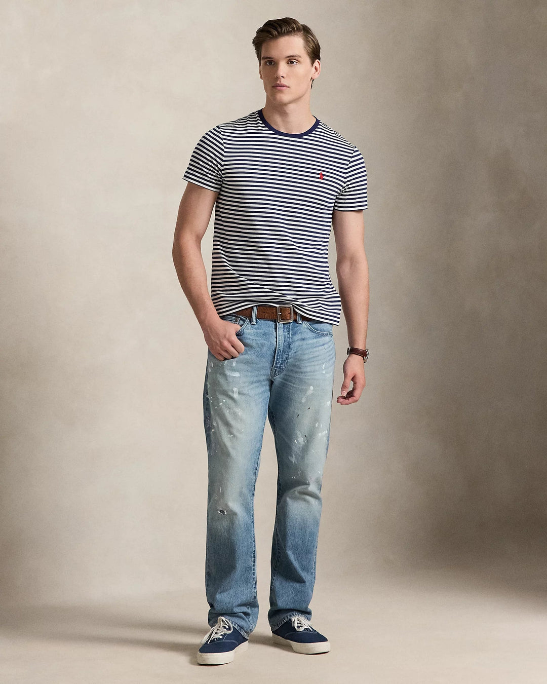 POLO RALPH LAUREN - T-shirt rayé en jersey Custom Slim Fit Marine Newport / Blanc - Lothaire