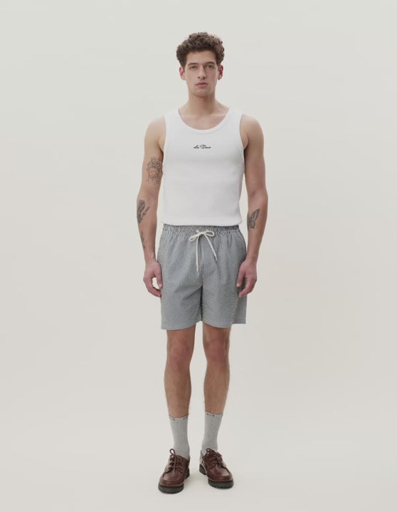LES DEUX – Short de bain Seersucker Bleu denim foncé