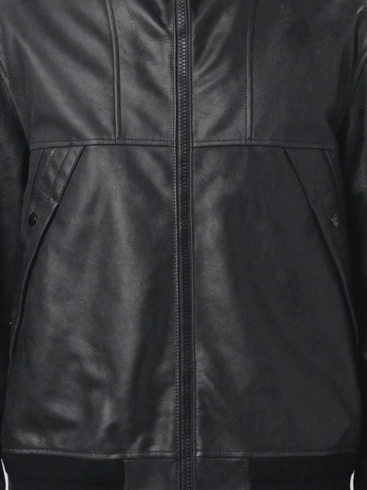 STONE ISLAND - Veste en cuir à capuche noir