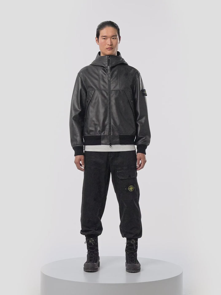 STONE ISLAND - Veste en cuir à capuche noir