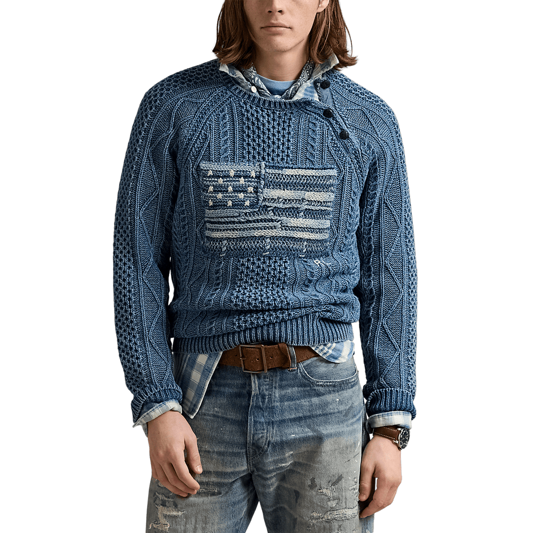RALPH LAUREN - Pull à drapeau en tricot d'Aran Bleu - Lothaire