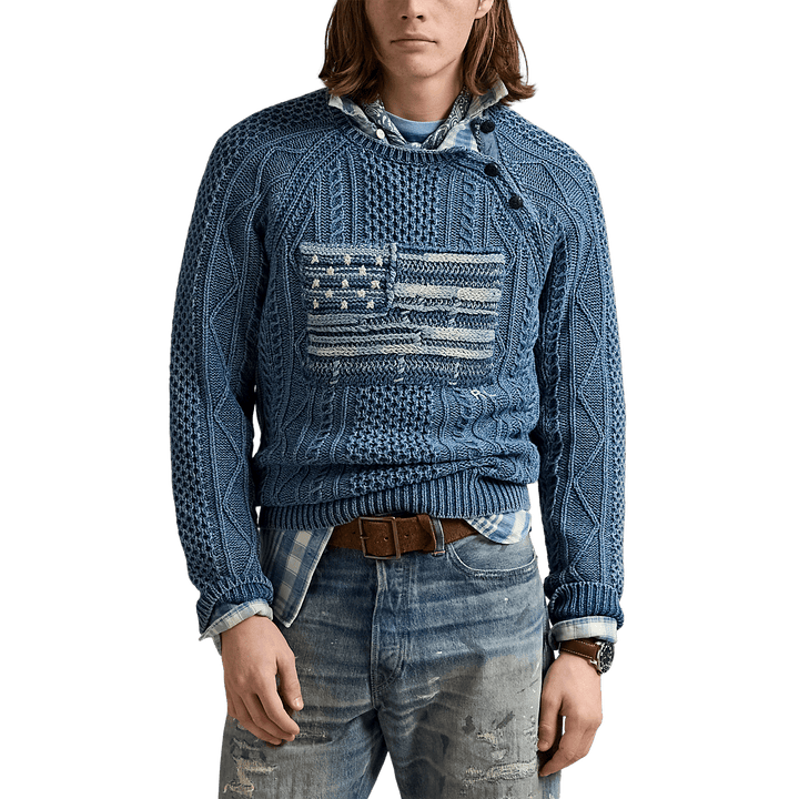 RALPH LAUREN - Pull à drapeau en tricot d'Aran Bleu - Lothaire