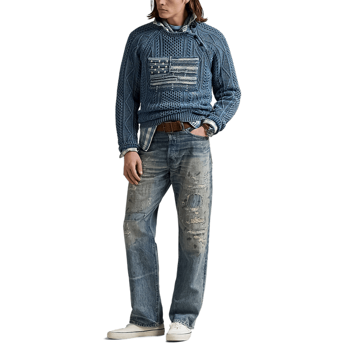 RALPH LAUREN - Pull à drapeau en tricot d'Aran Bleu - Lothaire