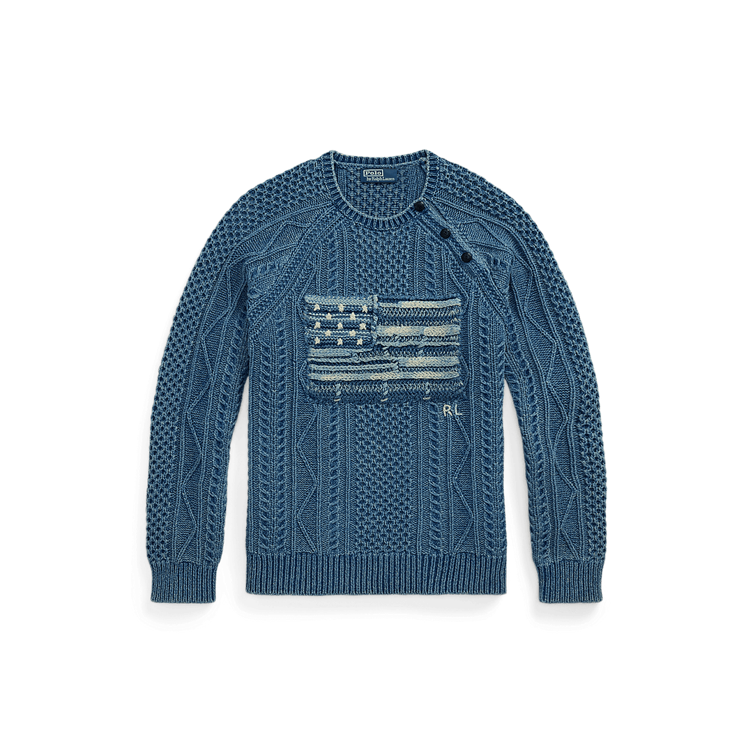 RALPH LAUREN - Pull à drapeau en tricot d'Aran Bleu - Lothaire
